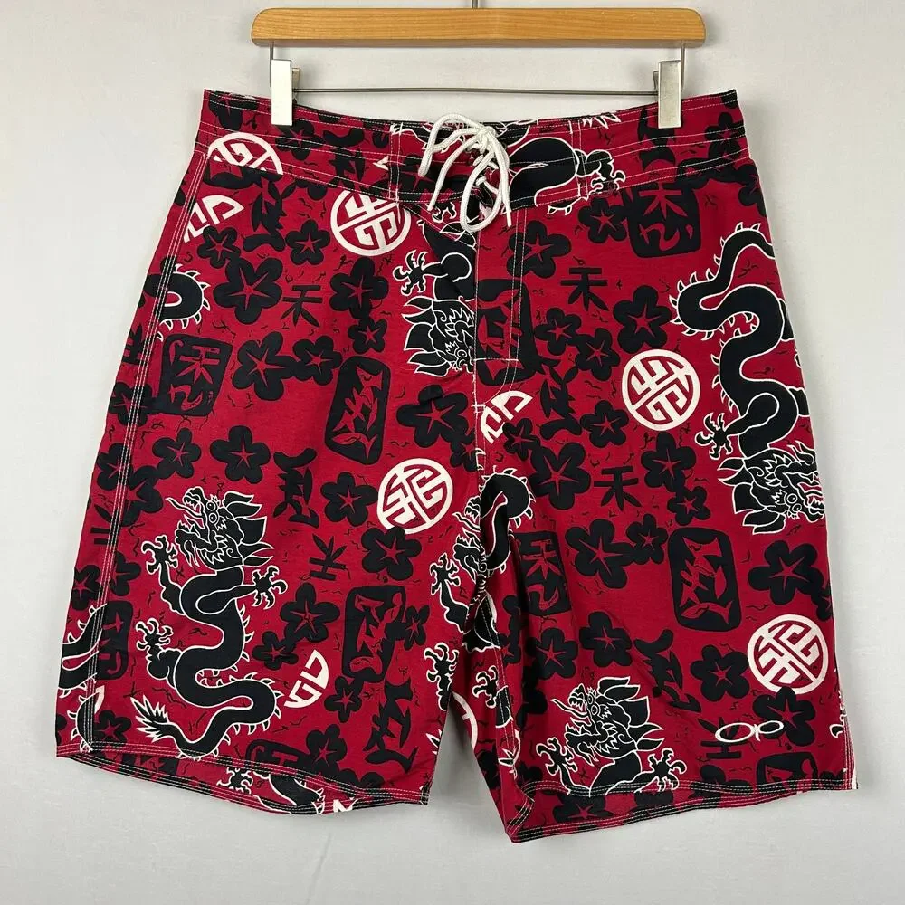 Ocean Pacific OP Vintage Red Chinese Dragon Board Shorts Swim Trunks Men's 34